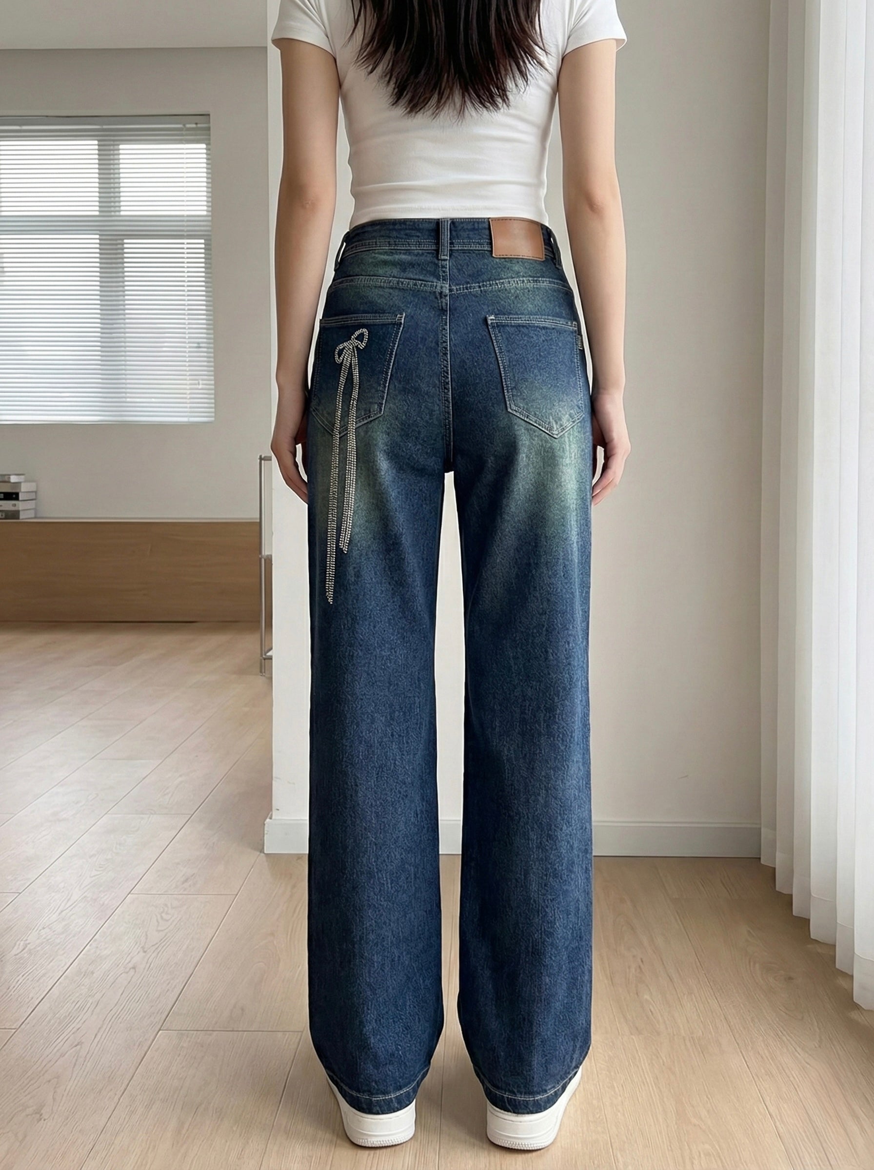 Rhinestone Bow Wide-Leg Jeans