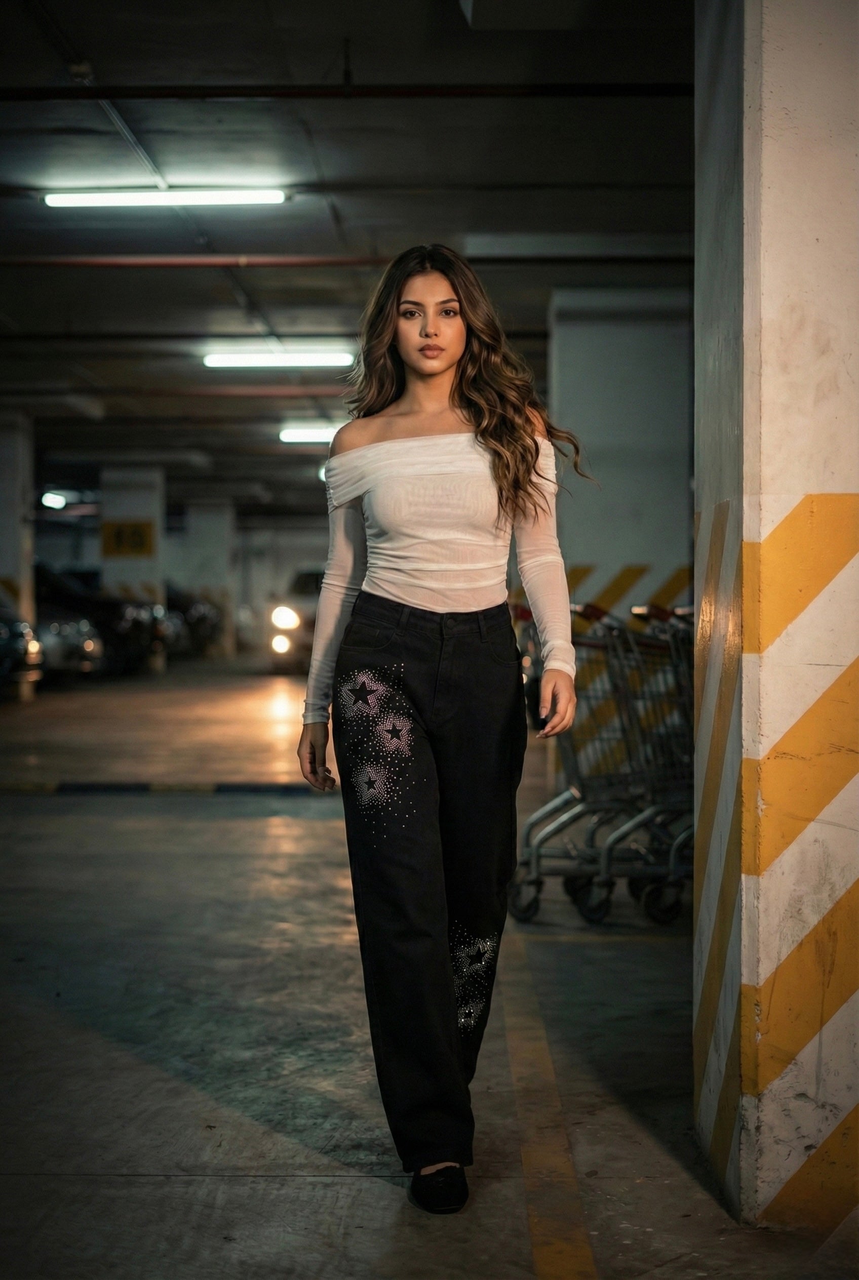 Star-Girl Rhinestone Wide-Leg Black Jeans