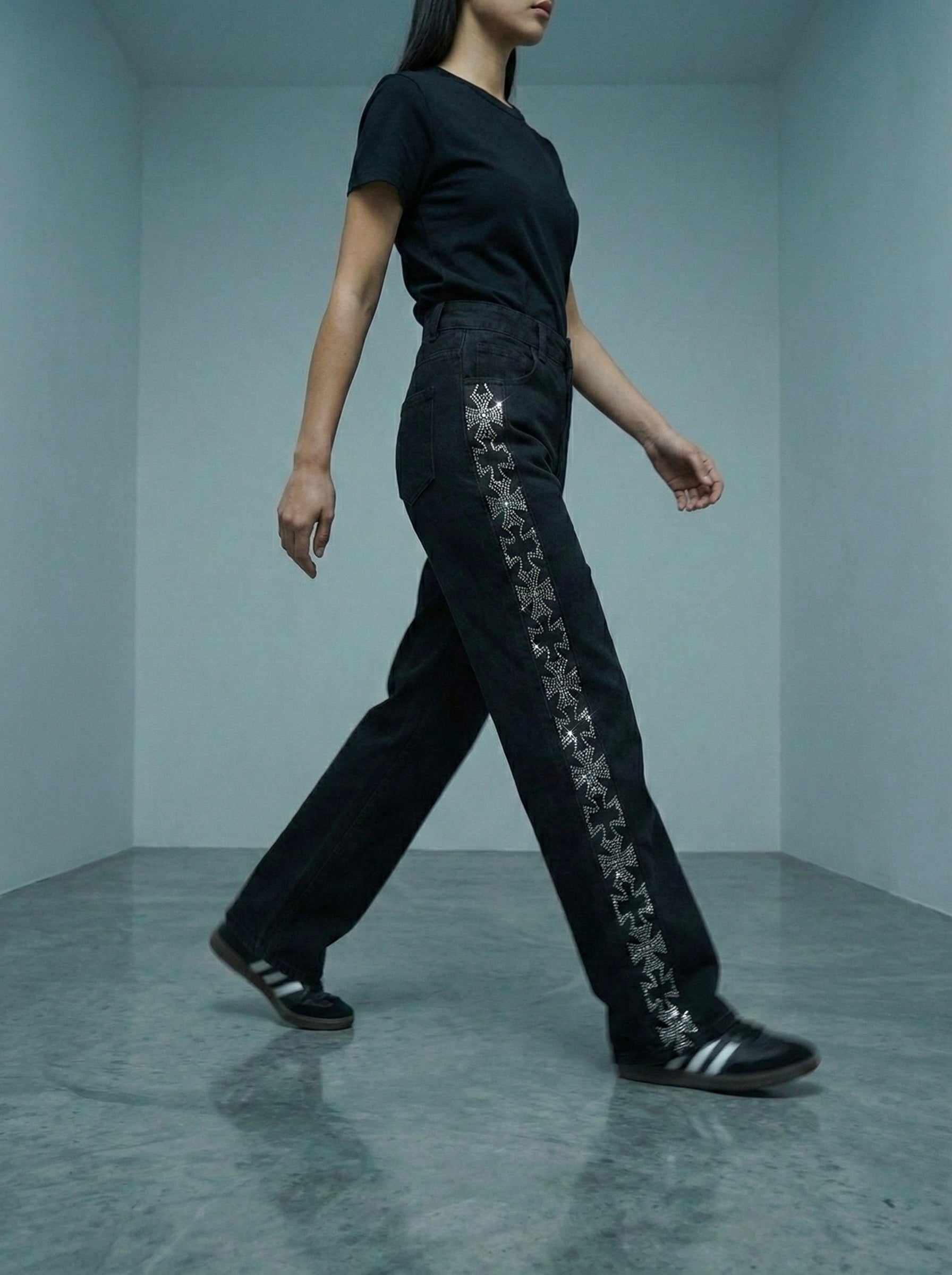 Black Wide-Leg Rhinestone Side Stripe Jeans | Premium Party Wear Fit