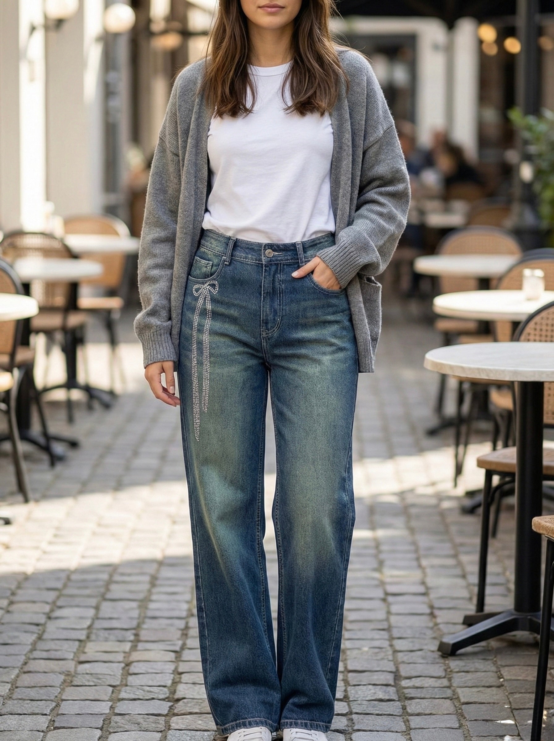Rhinestone Bow Wide-Leg Jeans