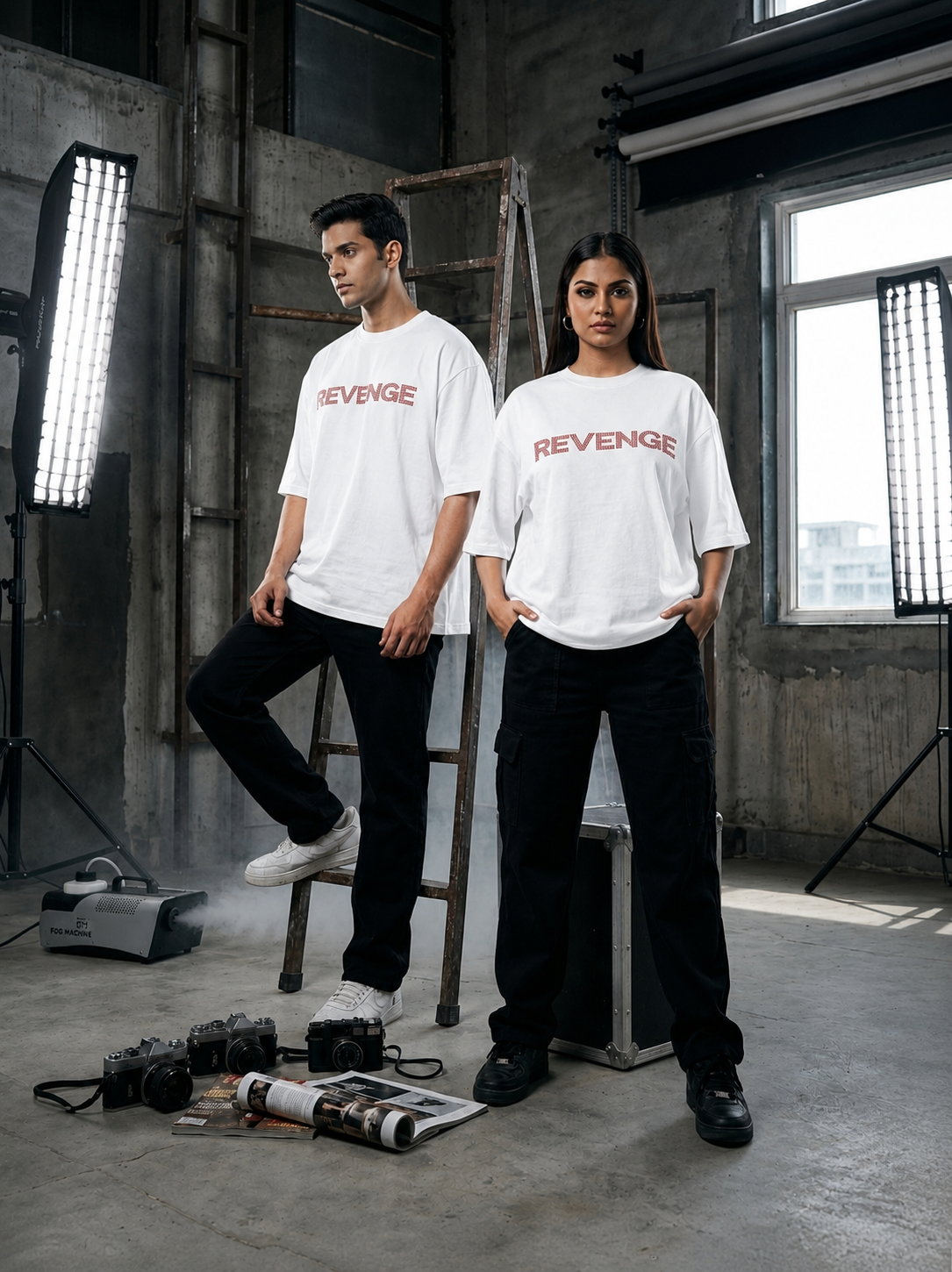 REVENGE - White Rhinestone Oversized Unisex T-Shirt