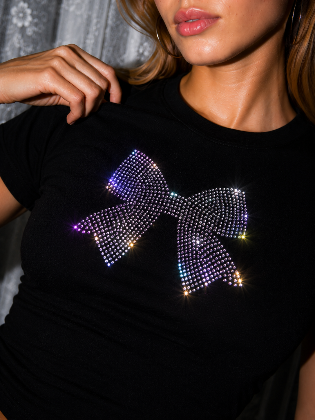 Crystal Bow Rhinestone Baby Tee – Black - Image 3