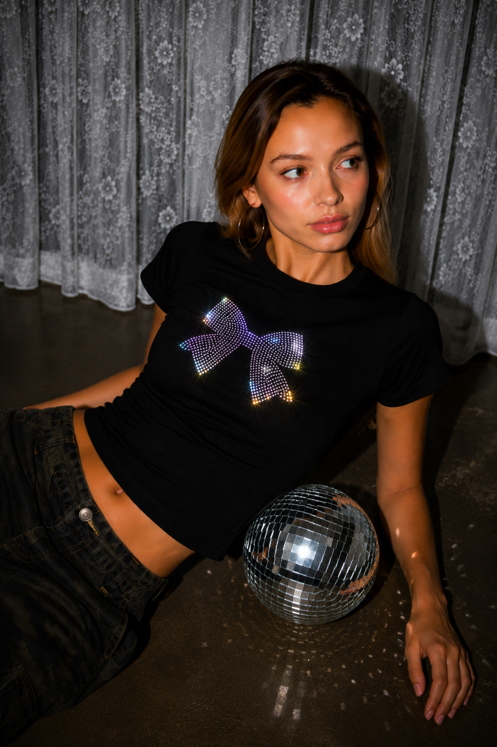Crystal Bow Rhinestone Baby Tee – Black - Image 2